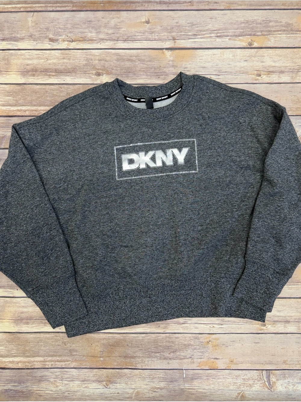 DKNY Sport Women's Rhinestone Logo Dropped Shoulder Fleece Sweatshirt Gray XS